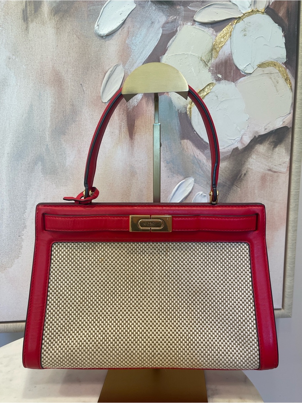 Tory Burch Radziwill Red Leather-Trim Woven Satchel